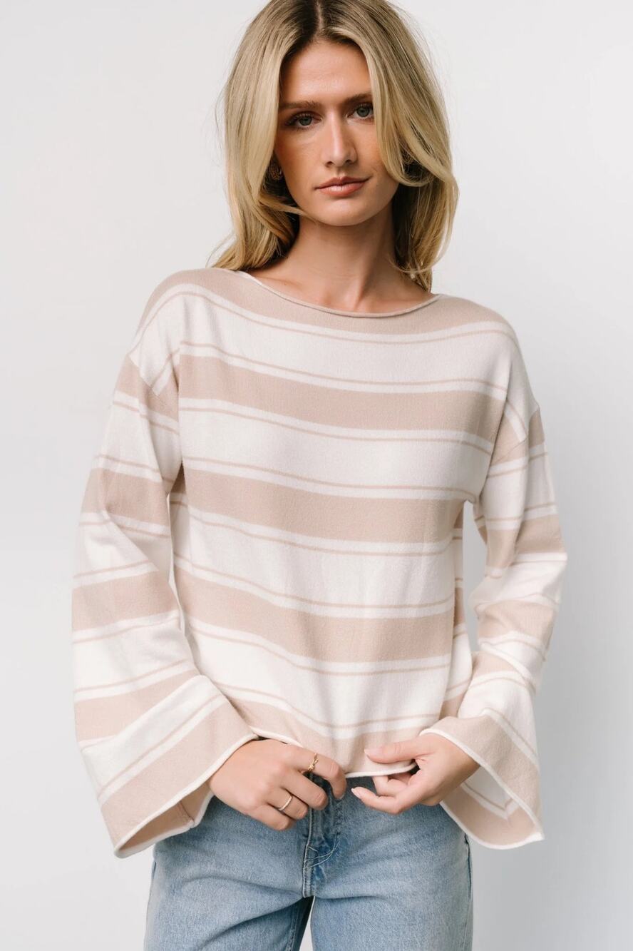 BALTIC BORN Astoria Striped Top Beige Cream Bell Sleeve Sweater NWT XL